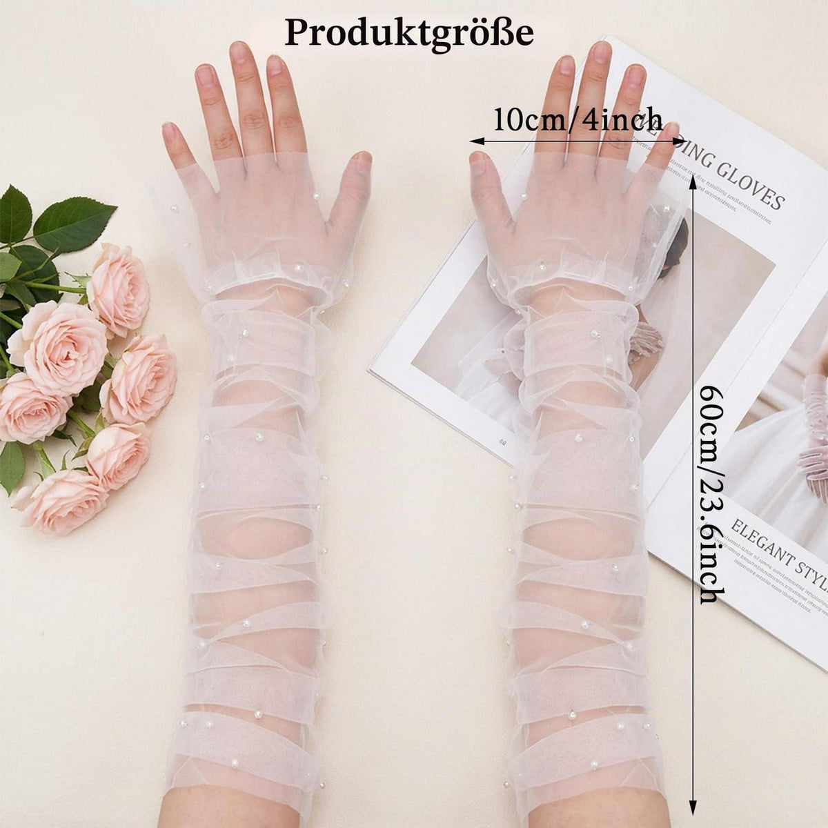 Netzhandschuhe Damen Fingerlos mit Perlen, Ellenbogenlänge, Weiß