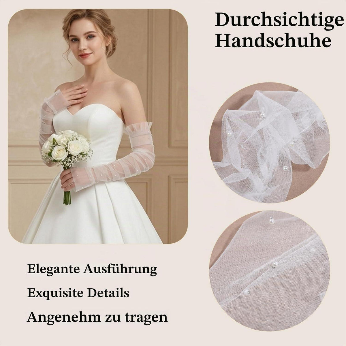 Netzhandschuhe Damen Fingerlos mit Perlen, Ellenbogenlänge, Weiß