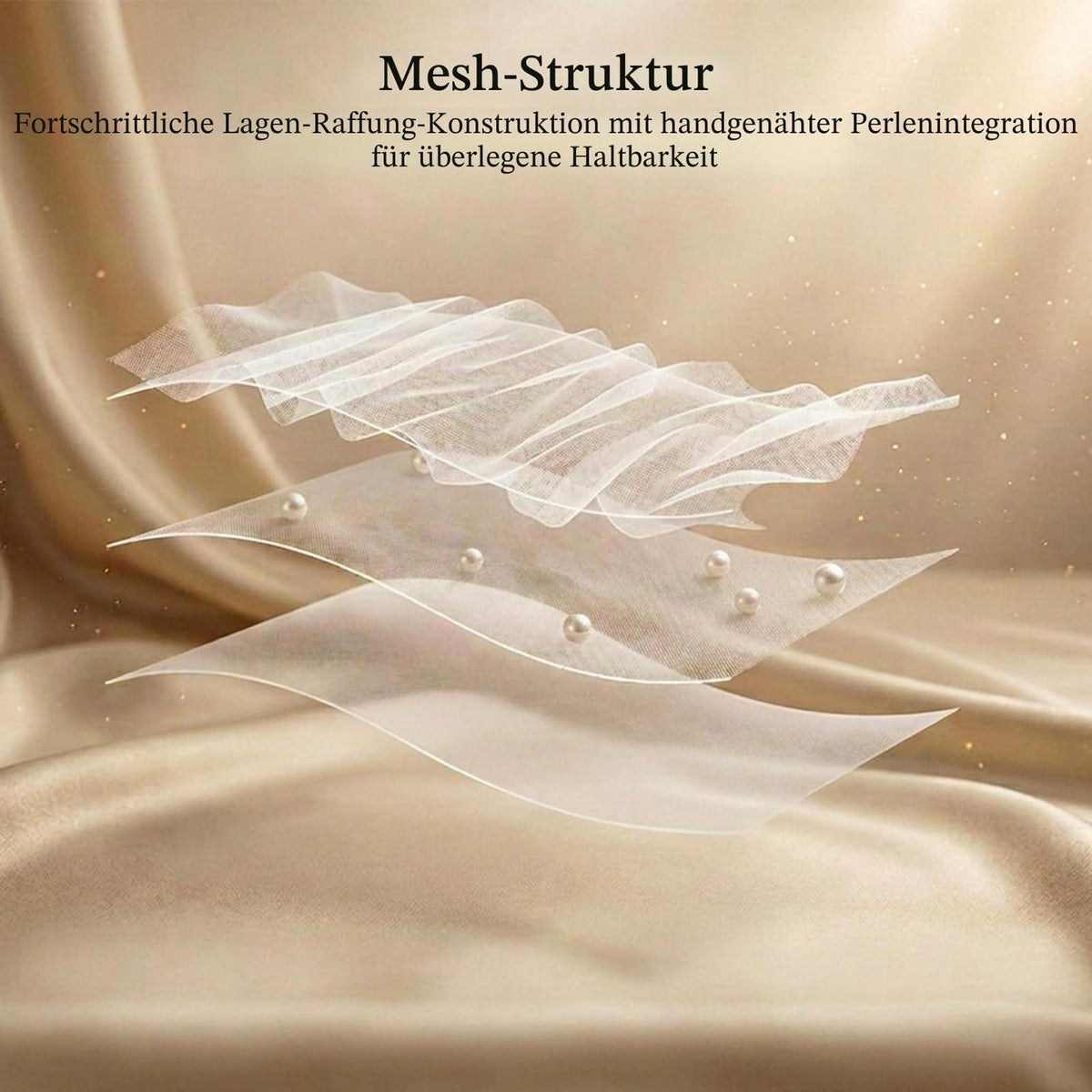 Netzhandschuhe Damen Fingerlos mit Perlen, Ellenbogenlänge, Weiß