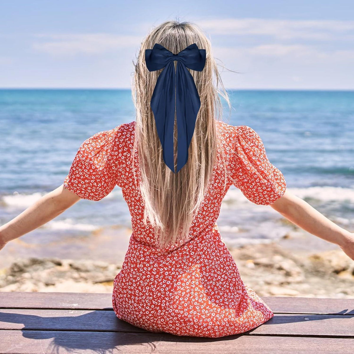 Haarspange mit großer Schleife und langem Band, Navy Blau