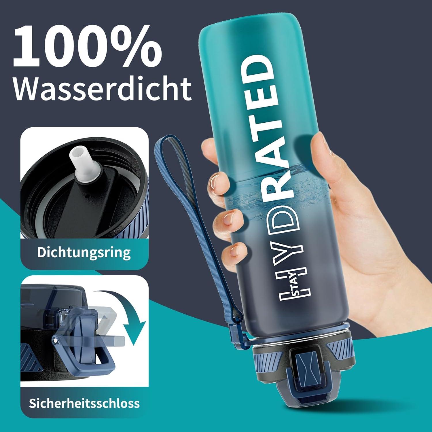QLUR Trinkflasche 1L BPA-Frei Tritan Auslaufsicher mit Zeitmarkierung und Bürste Blau