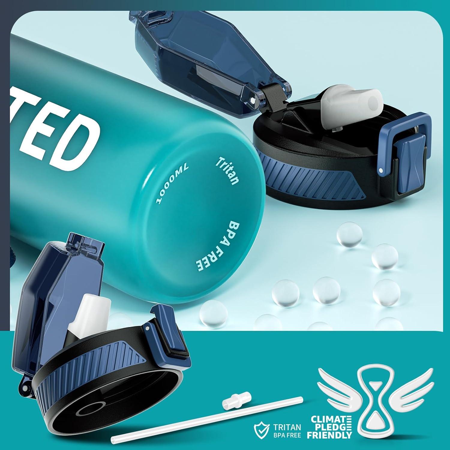 QLUR Trinkflasche 1L BPA-Frei Tritan Auslaufsicher mit Zeitmarkierung und Bürste Blau