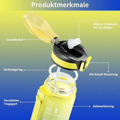 Trinkflasche 1L BPA-frei Tritan mit Strohhalm Zeitmarkierung für Fitness327