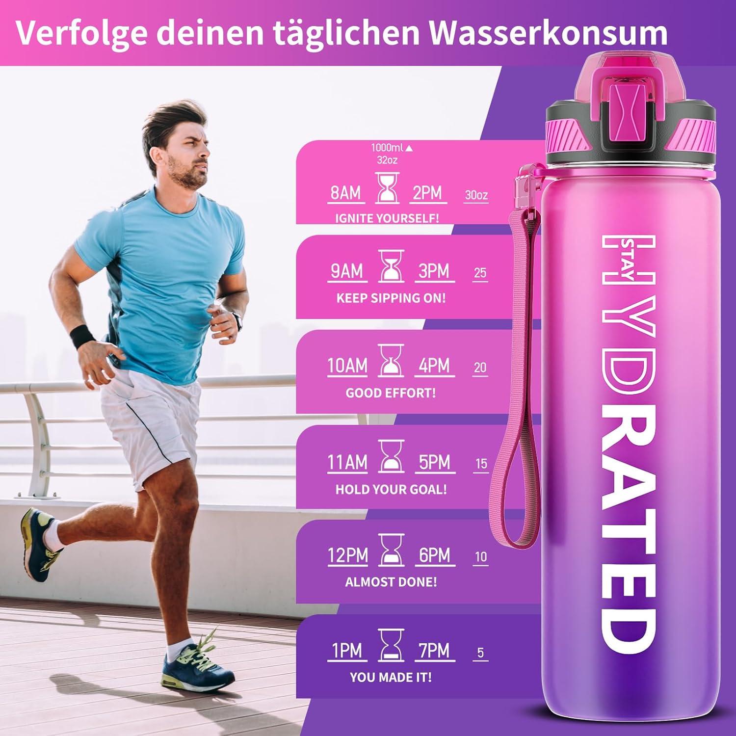 Sportliche Trinkflasche 1L mit Strohhalm, Zeitmarkierung und