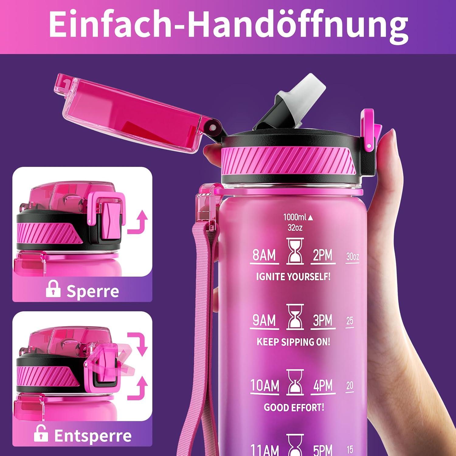 Trinkflasche 1L BPA-frei Tritan mit Strohhalm & Zeitmarkierung