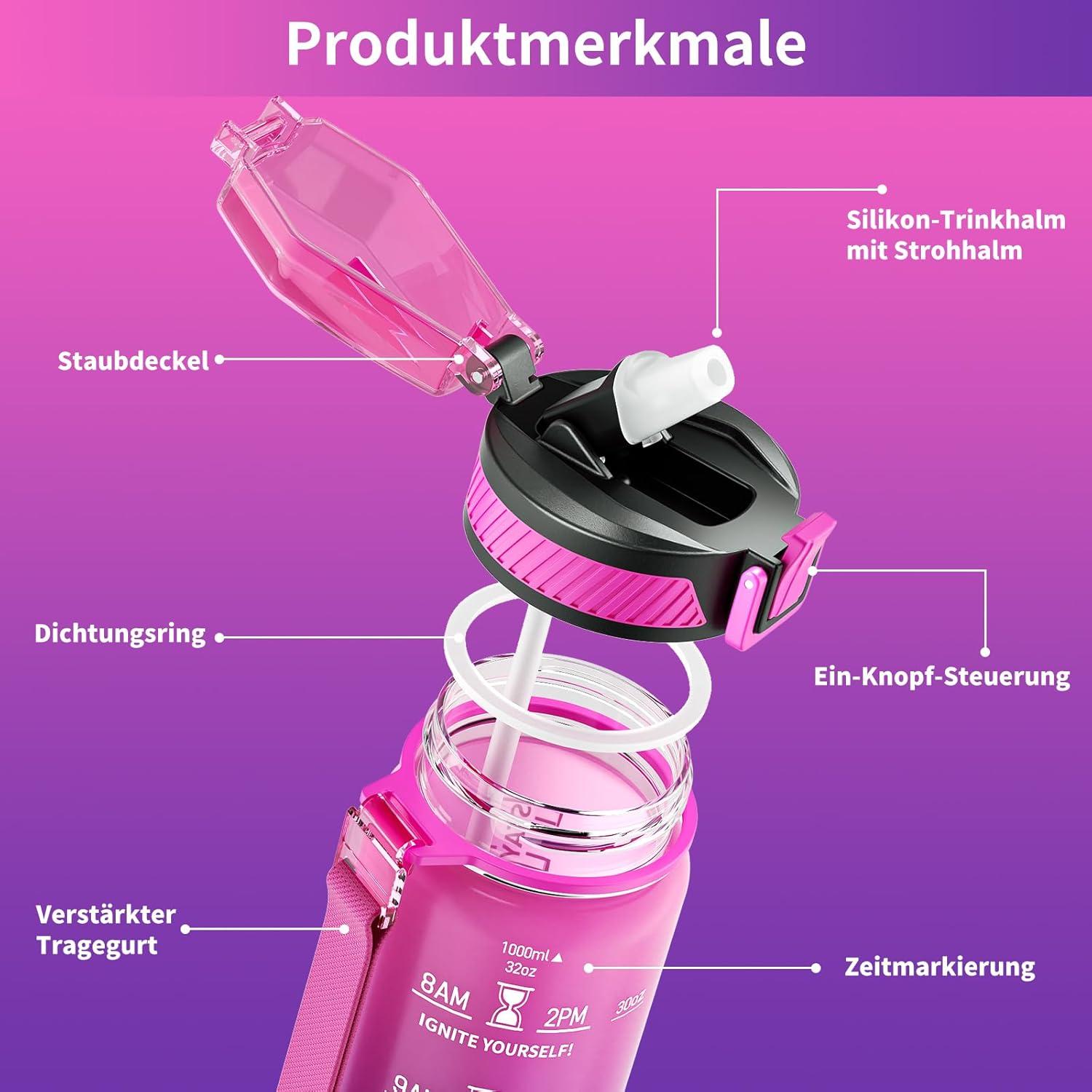 QLUR Trinkflasche 1L BPA-frei mit Strohhalm Zeitmarkierung Lila Rose