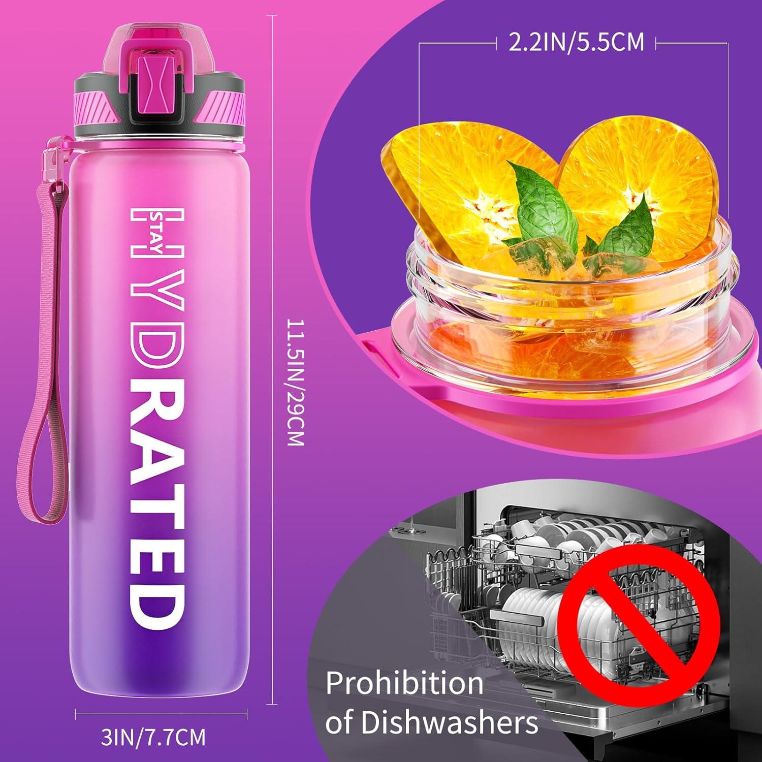 QLUR Trinkflasche 1L BPA-frei Sport Strohhalm Zeitmarkierung Lila