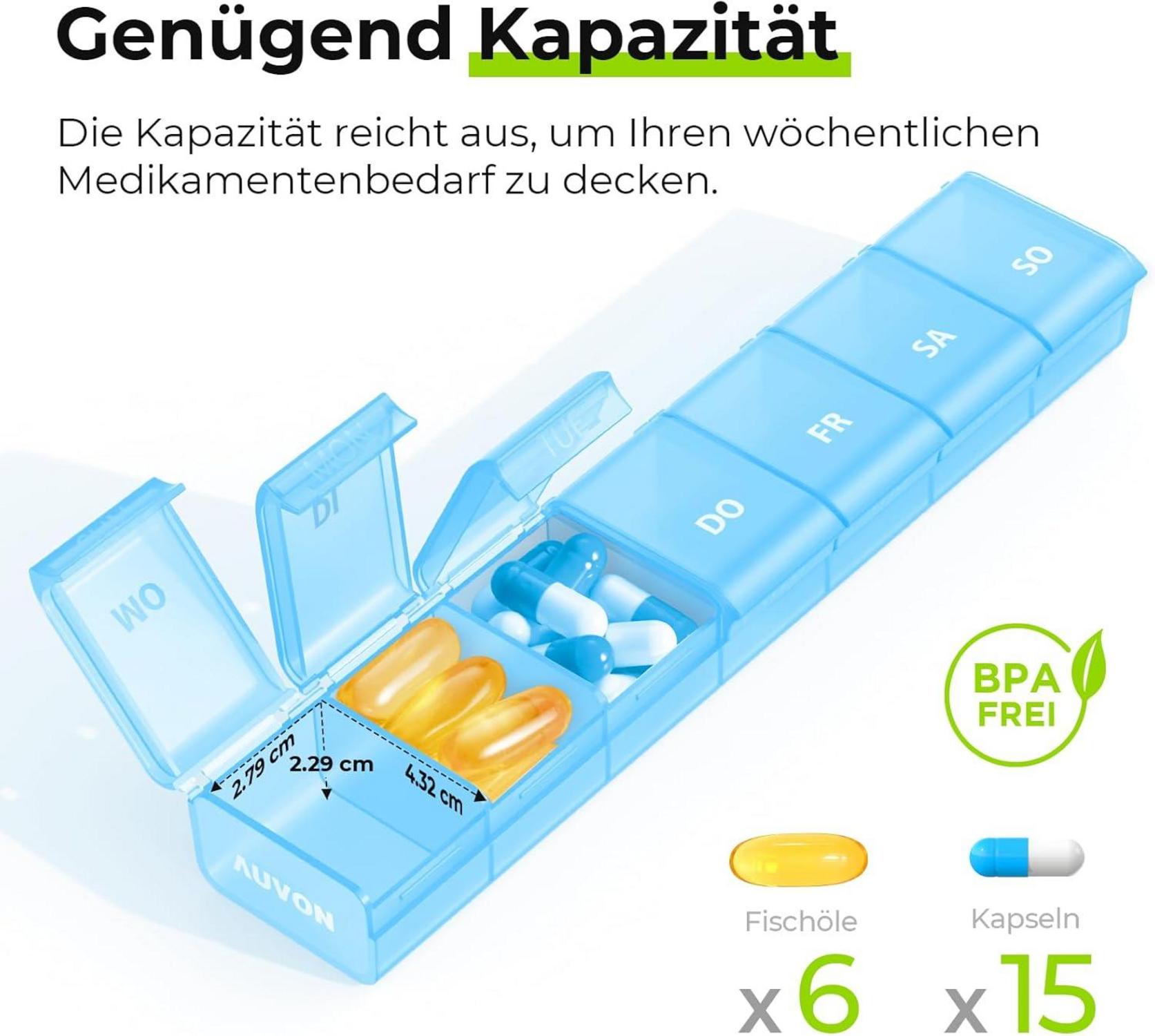 AUVON Tablettenbox 7 Tage Medikamentenbox Blau mit offenem