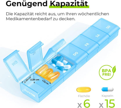 AUVON Tablettenbox 7 Tage Medikamentenbox Blau mit offenem