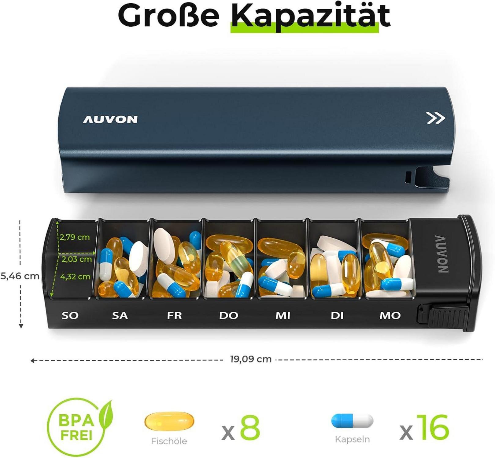 AUVON Tablettenbox 7 Tage Aluminium Schiebedesign Pillendose BPA-frei Dunkelblau