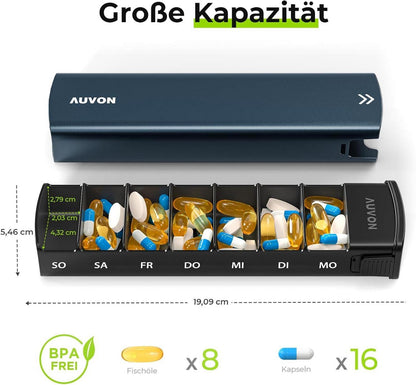 AUVON Tablettenbox 7 Tage Aluminium Schiebedesign Pillendose BPA-frei Dunkelblau