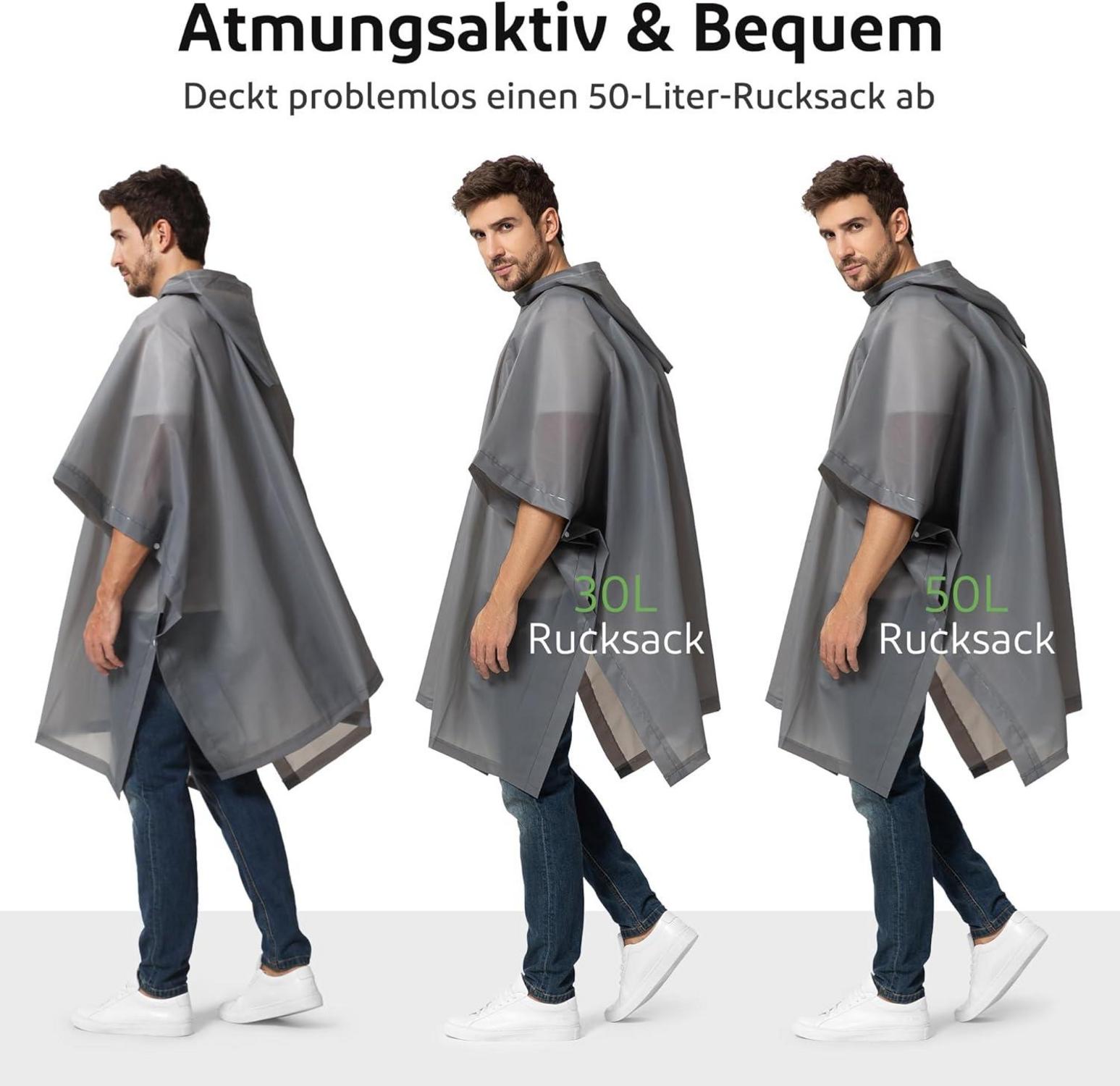 Regenponcho Damen Herren Wasserdicht Leicht 2 Stück Grau