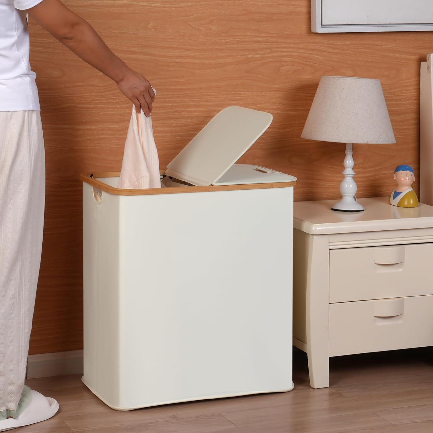 Wäschekorb Doppel-Korb 2 Fächer 140 l Hellgrau Beige Bambus Leinen