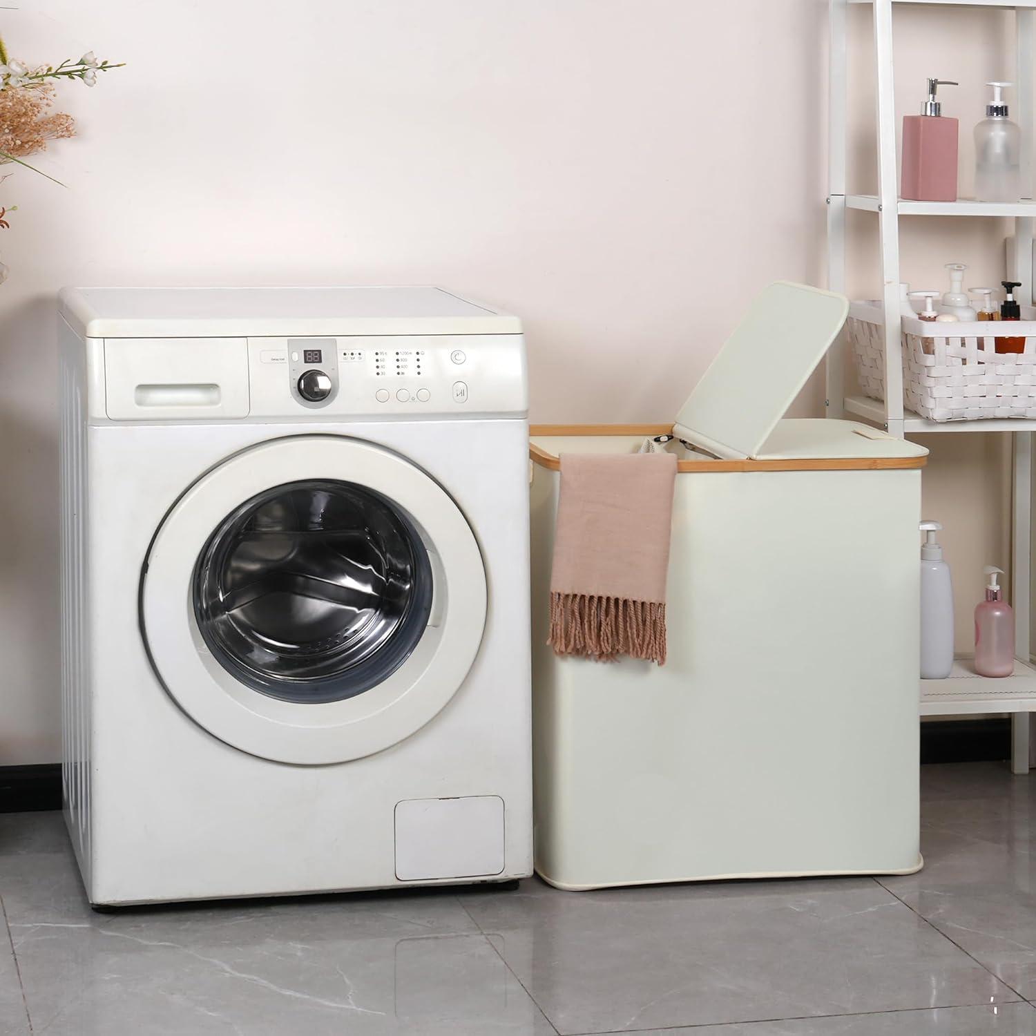 Wäschekorb Doppel 140 l 2 Fächer 2 Wäschesäcke Aufbewahrung Hellgrau