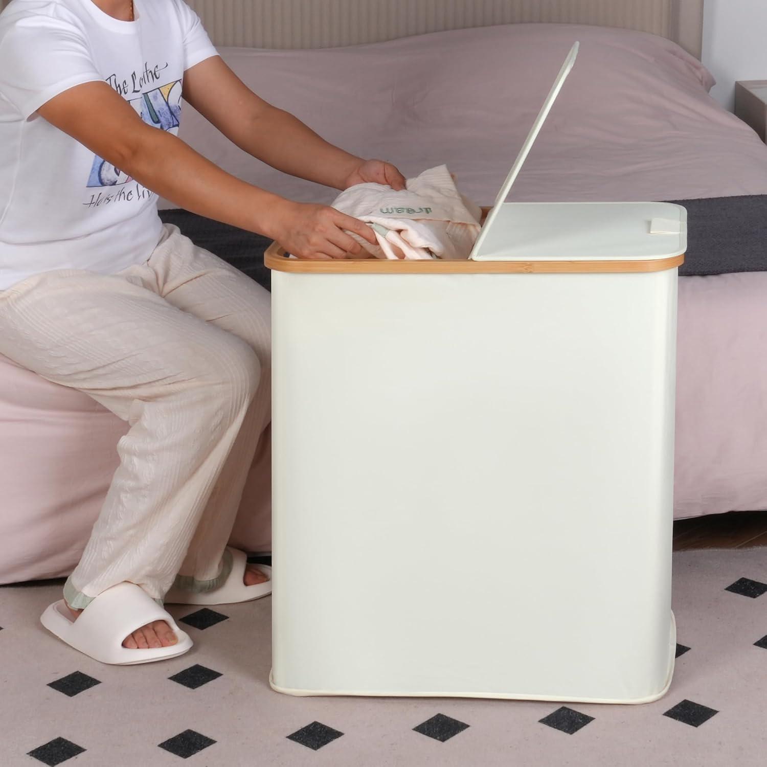 Wäschekorb mit Deckel 140 l 2 Fächer Bambus Leinen Hellgrau Beige