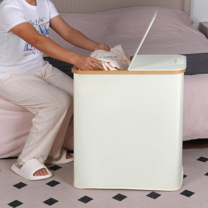 Wäschekorb mit Deckel 140 l 2 Fächer Bambus Leinen Hellgrau Beige