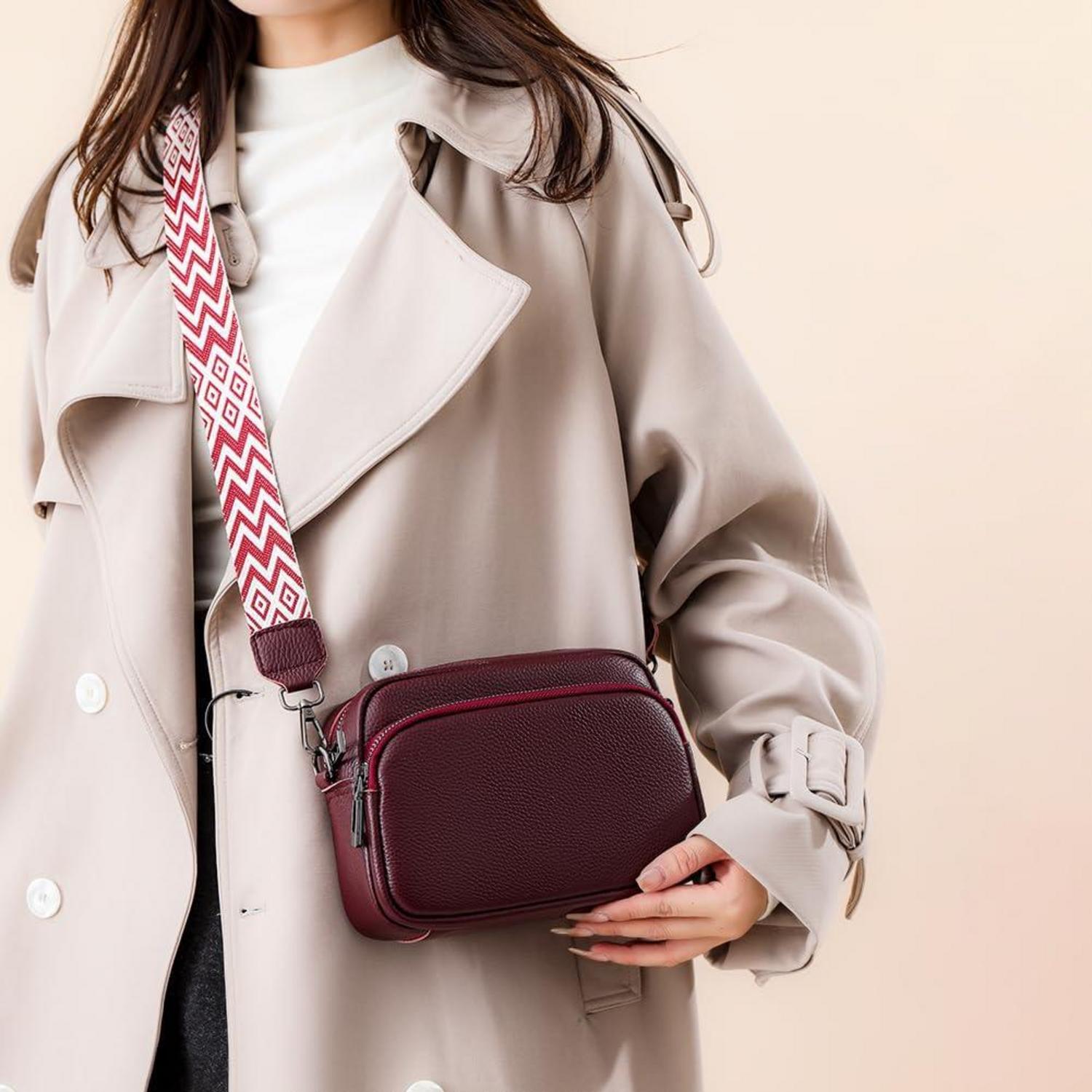 Damen Echtes Leder Umhängetasche Crossbody Bag Schultergurt Rotwein