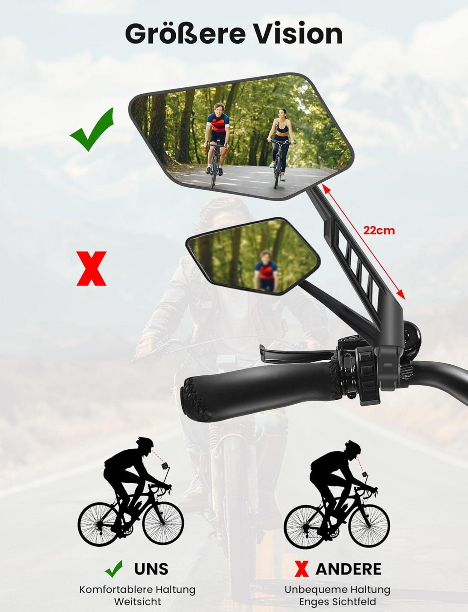 COICER Fahrradspiegel links mit extra großer Spiegelfläche - 360° verstellbar - für E-Bike