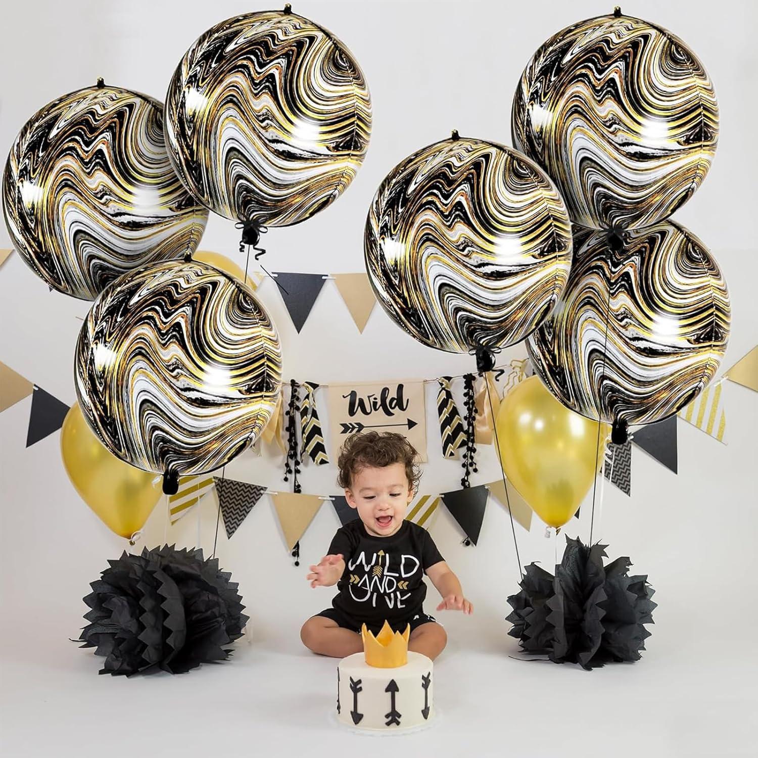 Luftballons Schwarz Gold Geburtstag Deko 22 Zoll 4D Marmor Ballons - 6 Stk