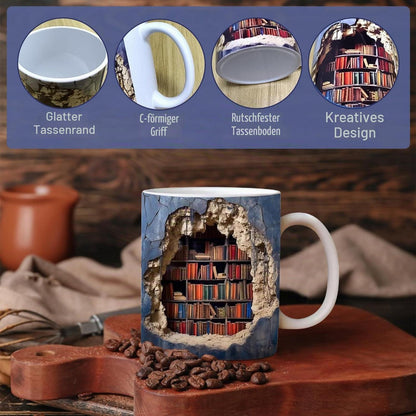 3D Bücherregal Tasse – Keramik Kaffeebecher für Leser & als Geschenk
