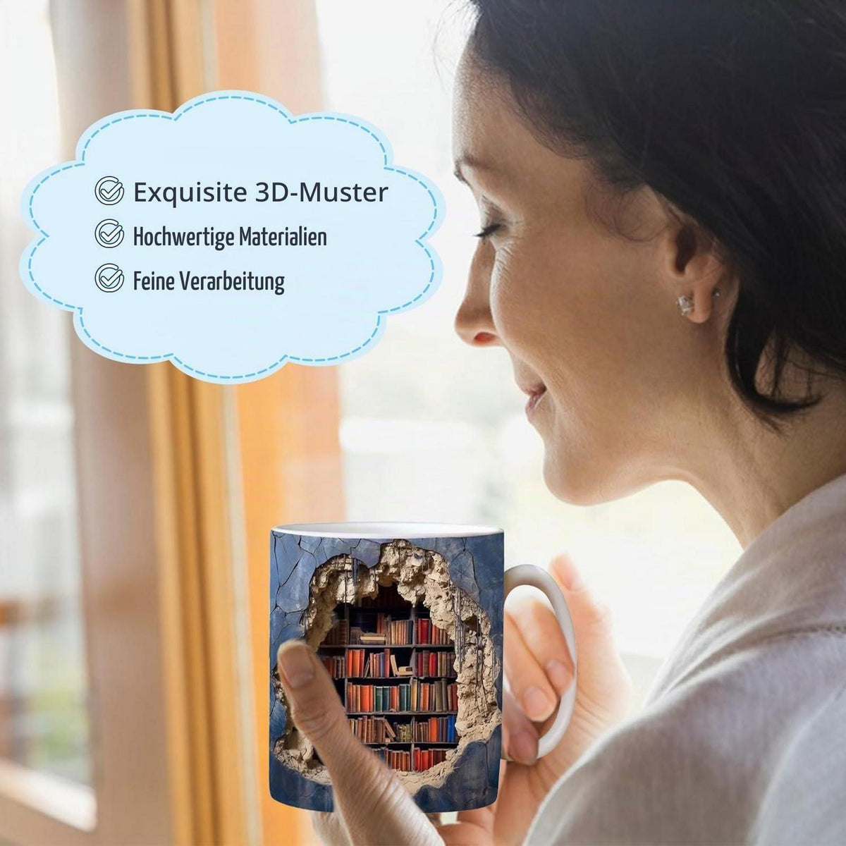 3D Bücherregal Tasse – Keramik Kaffeebecher für Leser & als Geschenk