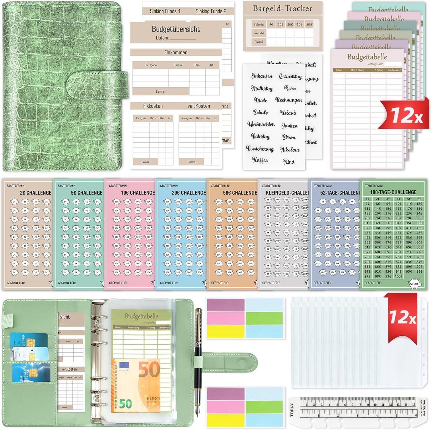 Budget Planner Startset mit 8 Spar Challenges A6 Leder Binder Stuffing