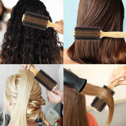 Vista Runde Haarbürste mit Wildschweinborste und Nylonborste, Bambushaarbürste, Föhnen, Styling, Glänzend, Lockiges Haar