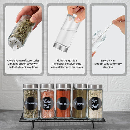 Glasgewürzdosen mit Edelstahldeckel und Zubehör - 12er Set
