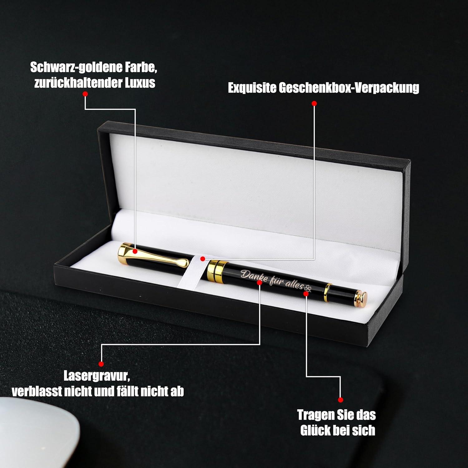 Dankeschön Geschenk Kugelschreiber Gravur Schwarz Gold Geschenkbox