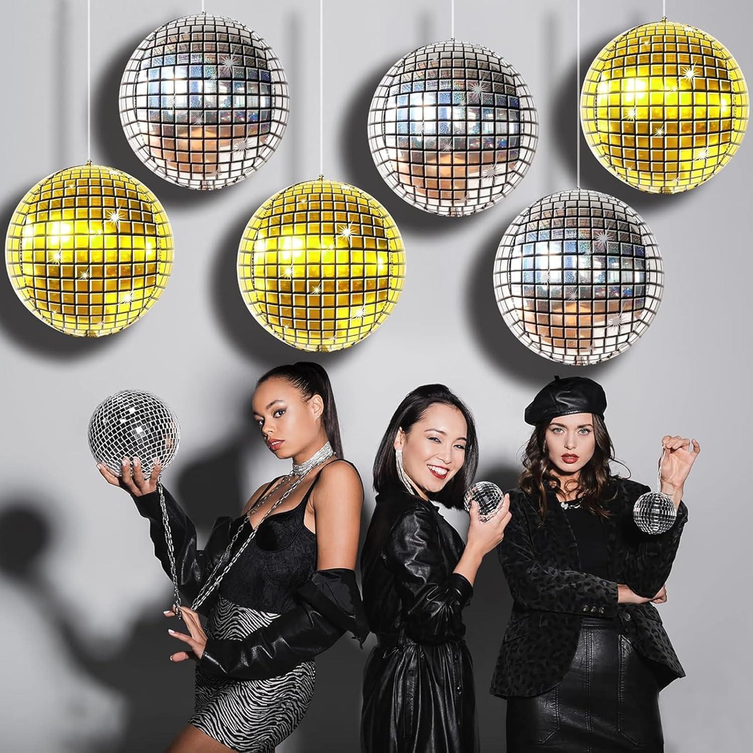 6er Discokugel Luftballon Set Gold 22 Zoll für 70 80 90er Jahre Deko