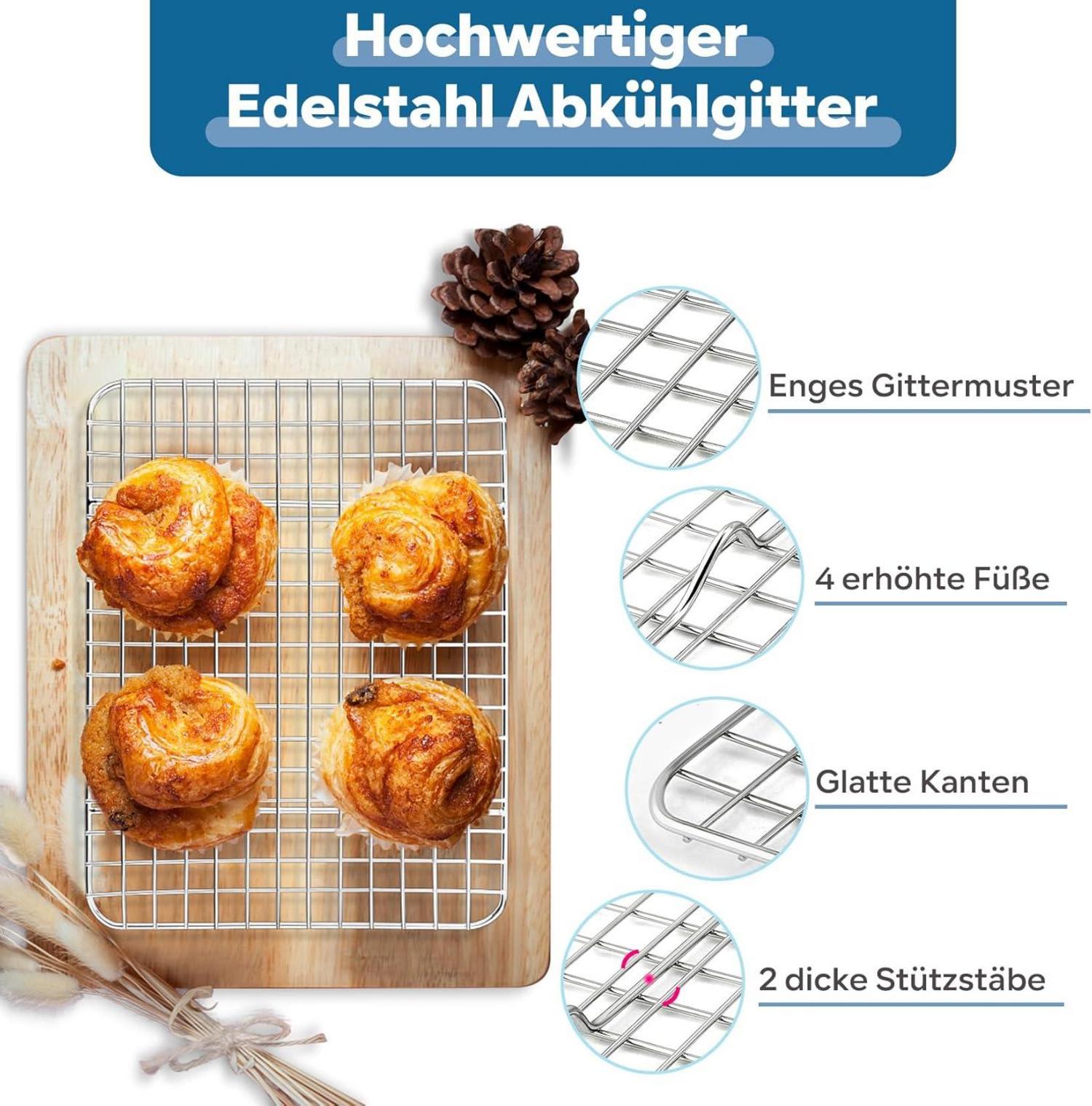 Kuchenblech Backform Set mit Abkühlgitter Edelstahl 23,7x17,7x2,5cm