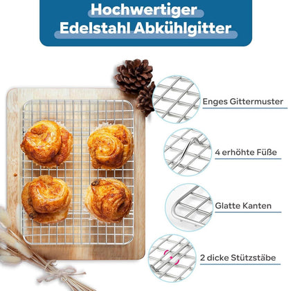 Kuchenblech Backform Set mit Abkühlgitter Edelstahl 23,7x17,7x2,5cm
