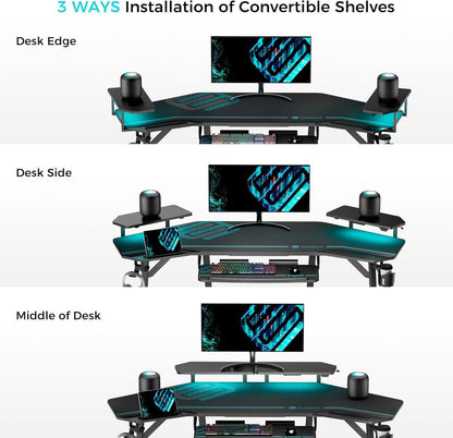 Gaming Tisch LED 182x76cm PC Computertisch Flügelform 2 Monitorständer