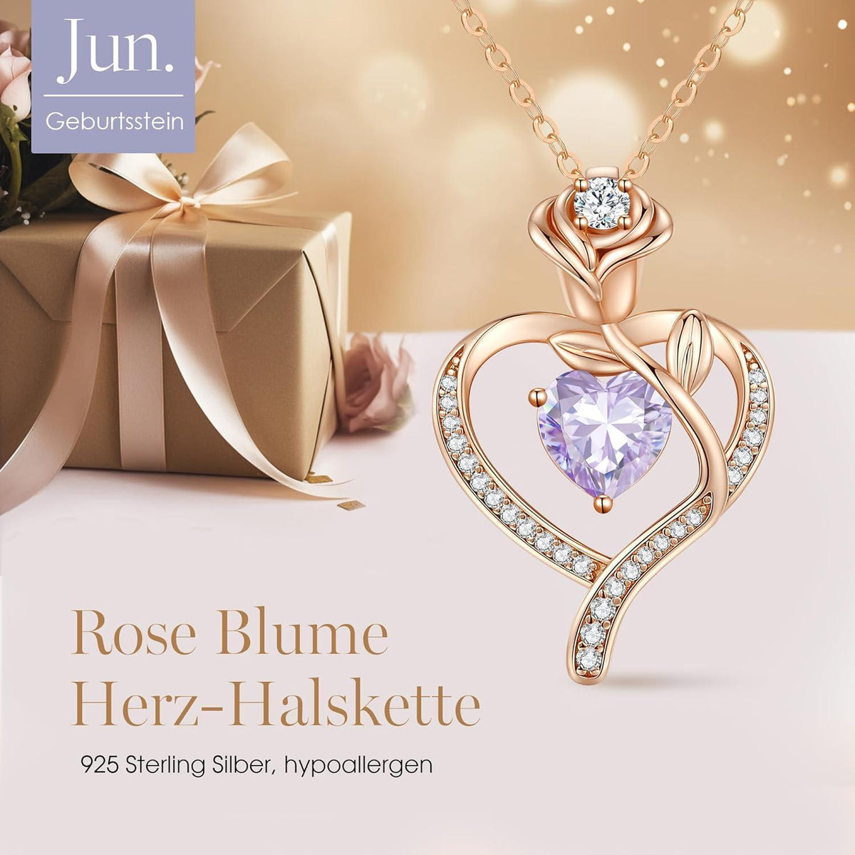 Herz Halskette Rosegold mit Geburtsstein aus 925 Sterling Silber