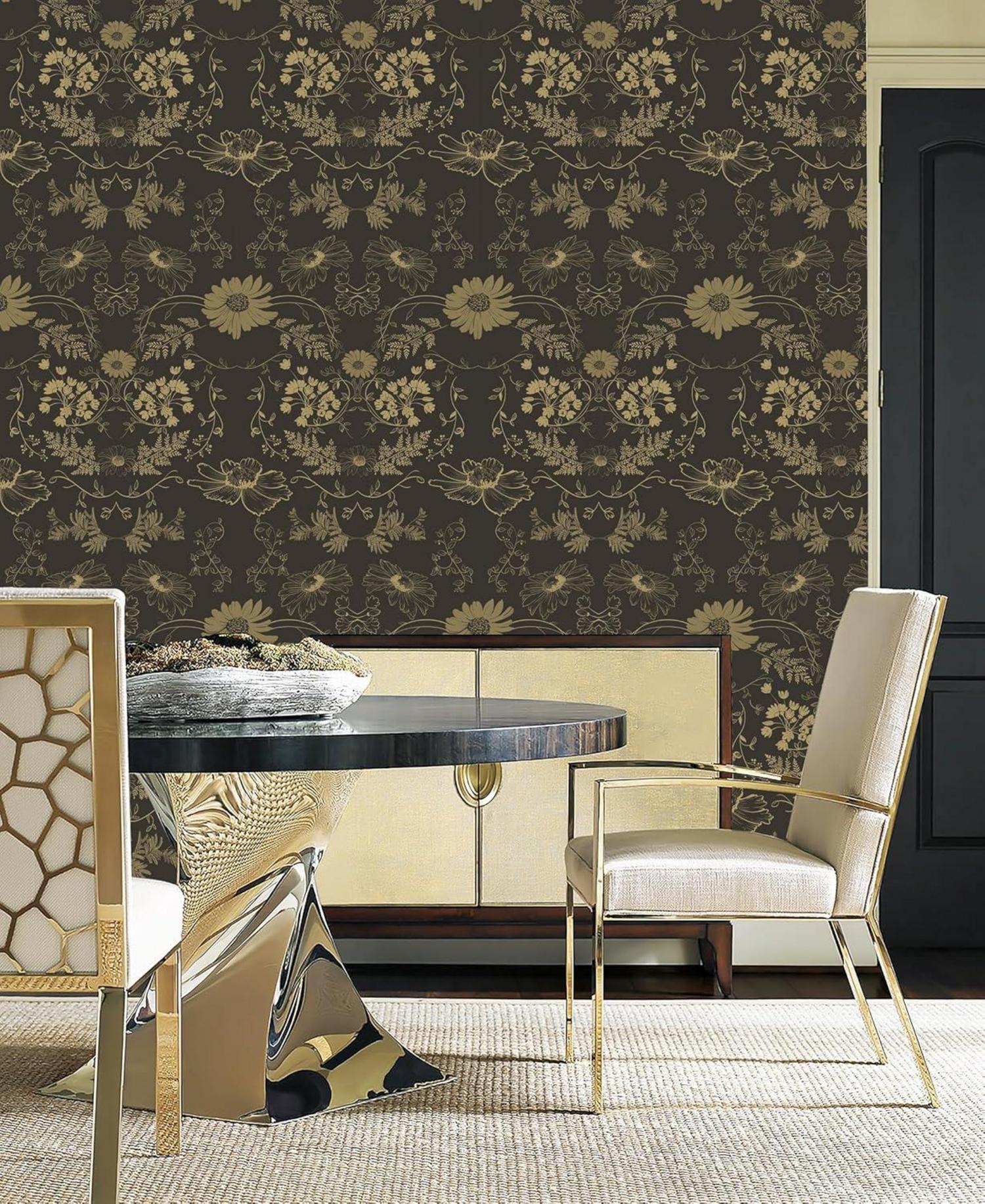 Selbstklebende Tapete Blume PVC Vinyl Möbelfolie Schwarz Gold 10m