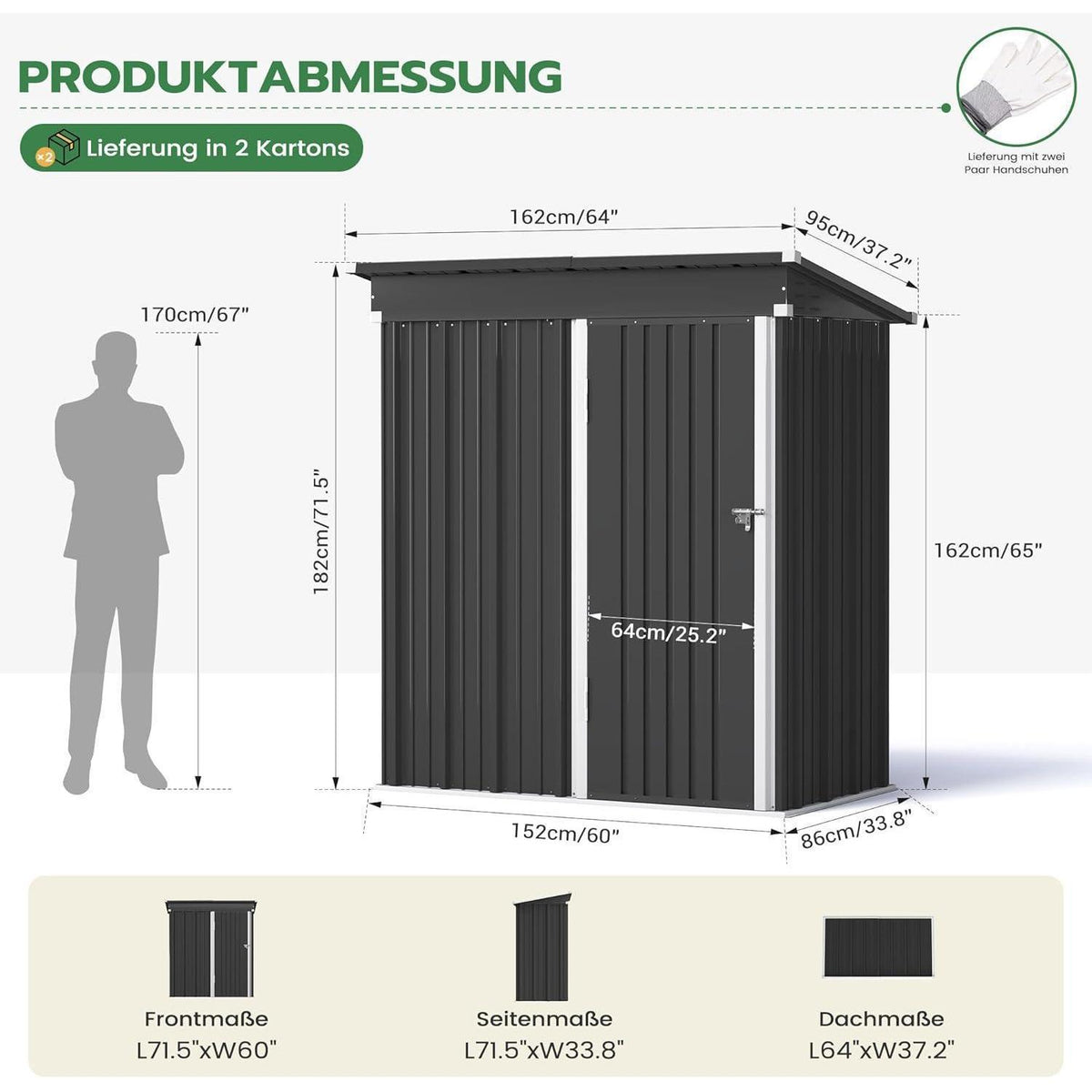 Gartenhaus Metall 162x86 cm mit Pultdach & Fundamentrahmen