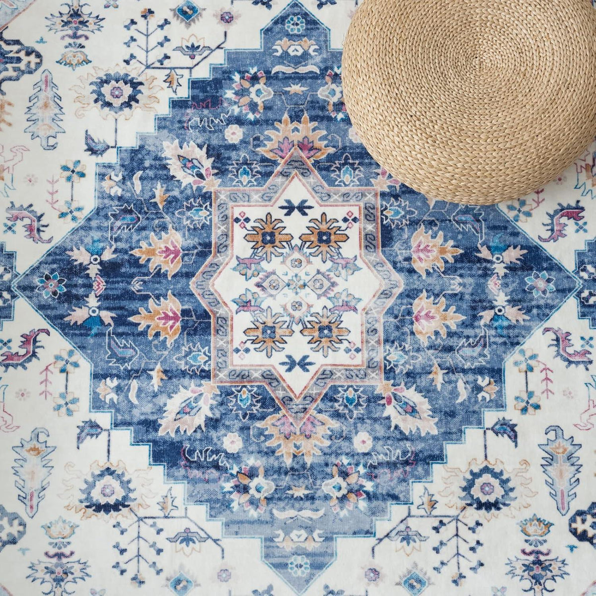 Vintage Kurzflor Teppich Blau 300x400 cm - Wohnzimmer Teppich