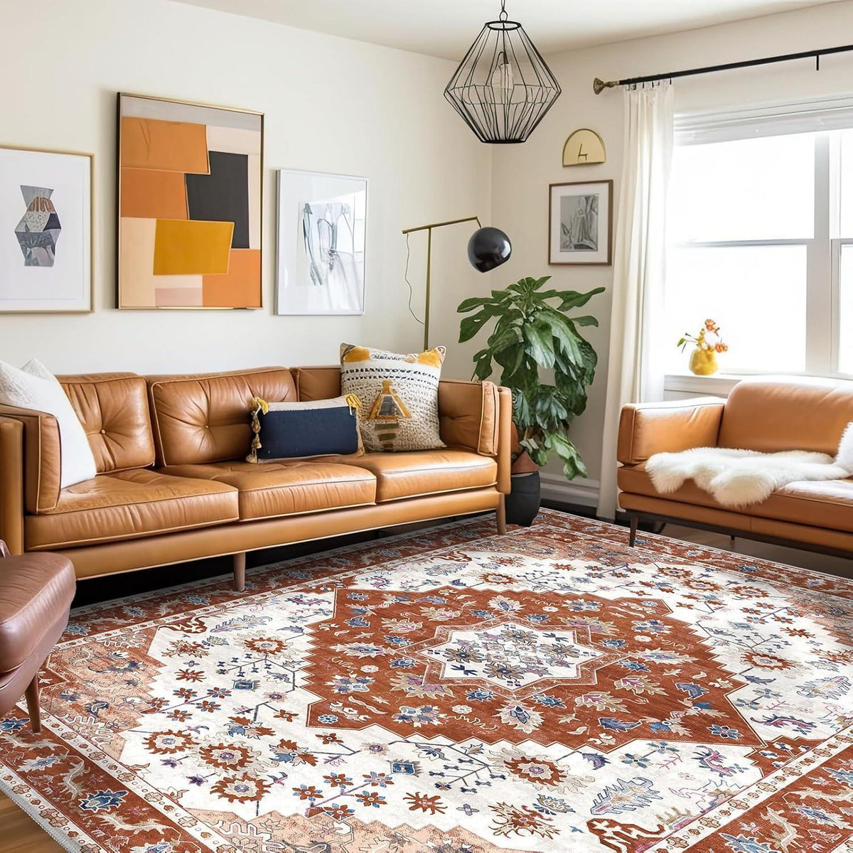 Vintage Kurzflor Teppich Orange 300x400 cm - Wohnzimmer Teppich