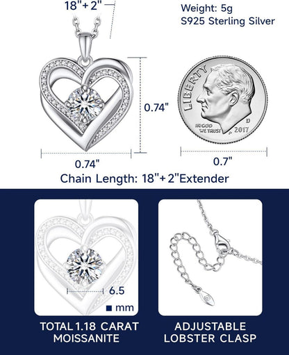 Damen Halskette 1 Karat Moissanit Diamant Anhänger Herz Silber 925