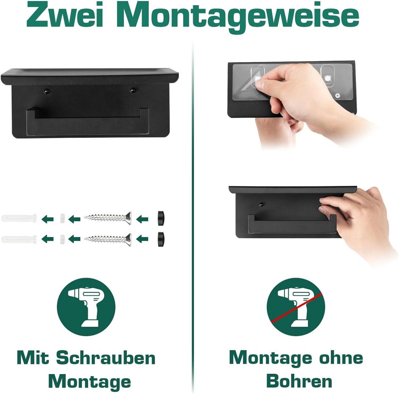 Toilettenpapierhalter selbstklebend mit Ablage 19cm Schwarz