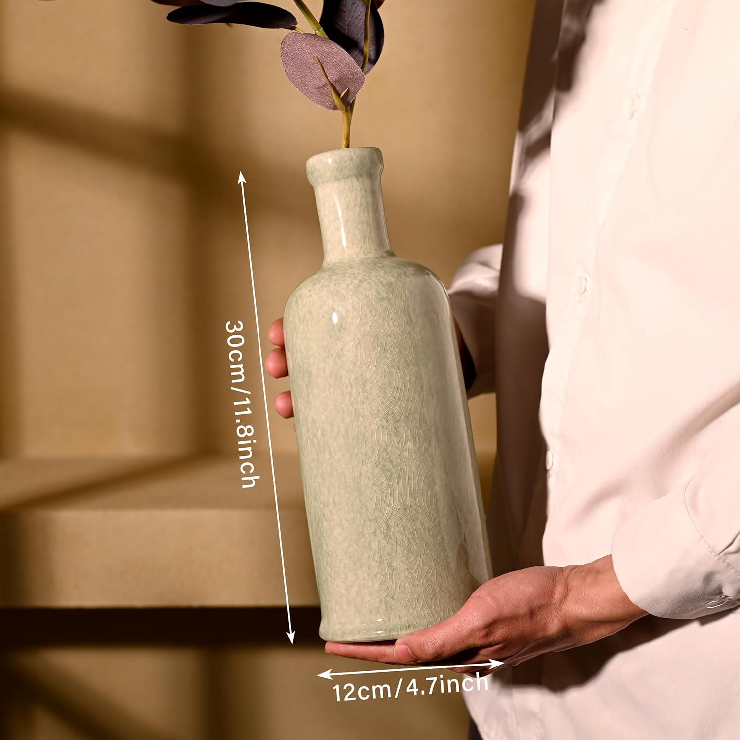 Keramikvase grüne Vintage für Blumen Tischdeko rustikal 30cm