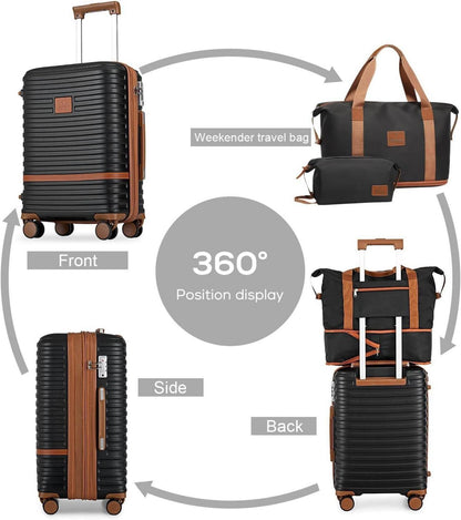 Joyway Koffer Reisekoffer ABS Hartschale Trolley Kofferset TSA-Schloss 4 Rollen inkl. Reisetasche & Kulturbeutel - Schwarz/Braun