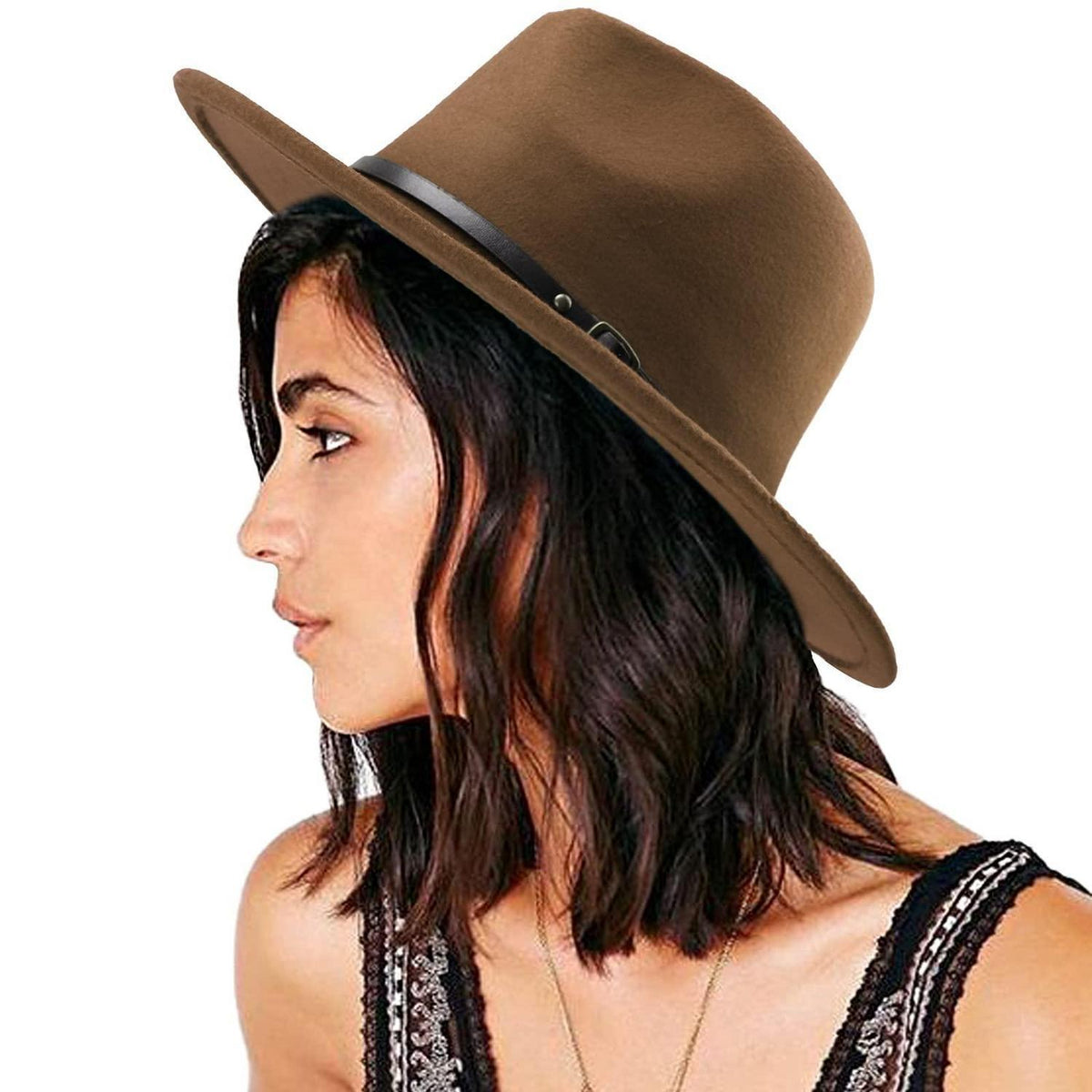 Damen Fedora Hut mit breiter Krempe, Camel