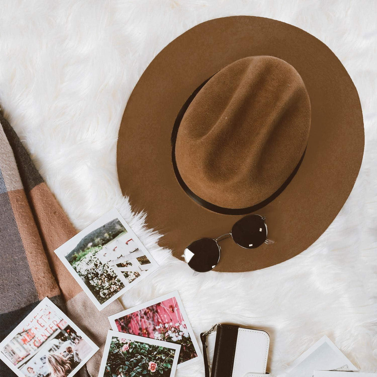 Damen Fedora Hut mit breiter Krempe, Camel