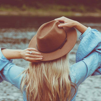 Damen Fedora Hut mit breiter Krempe, Camel