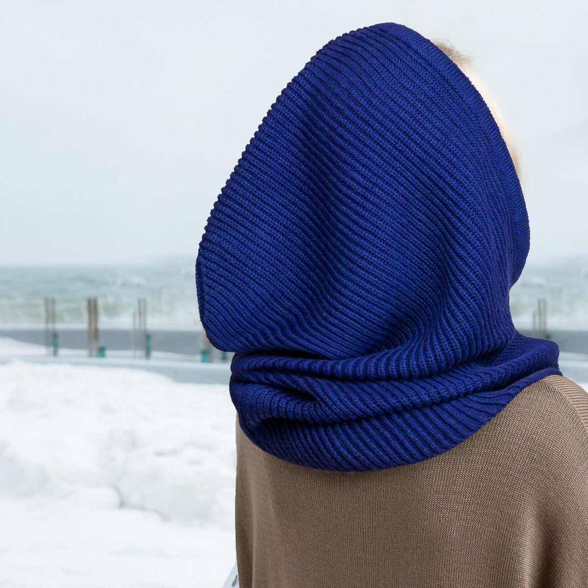 Strickmütze Damen Balaclava mit Kordelzug, blau