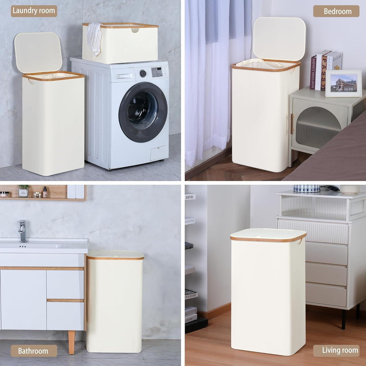 Wäschekorb mit Deckel 110L Herausnehmbarer Innentasche Beige