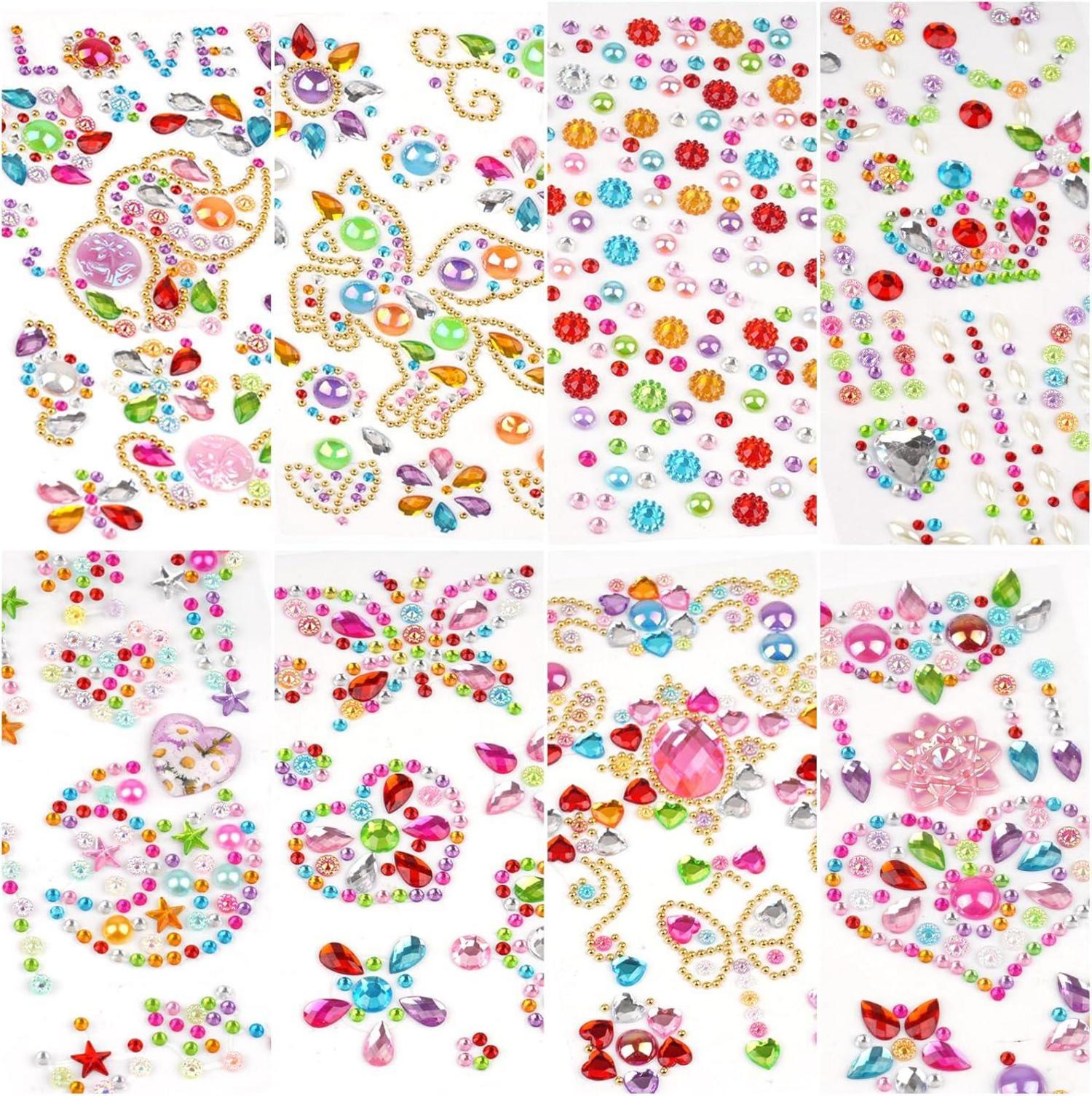 Glitzersteine Selbstklebend 8 Blätter Strasssteine Acryl Bunt Sticker