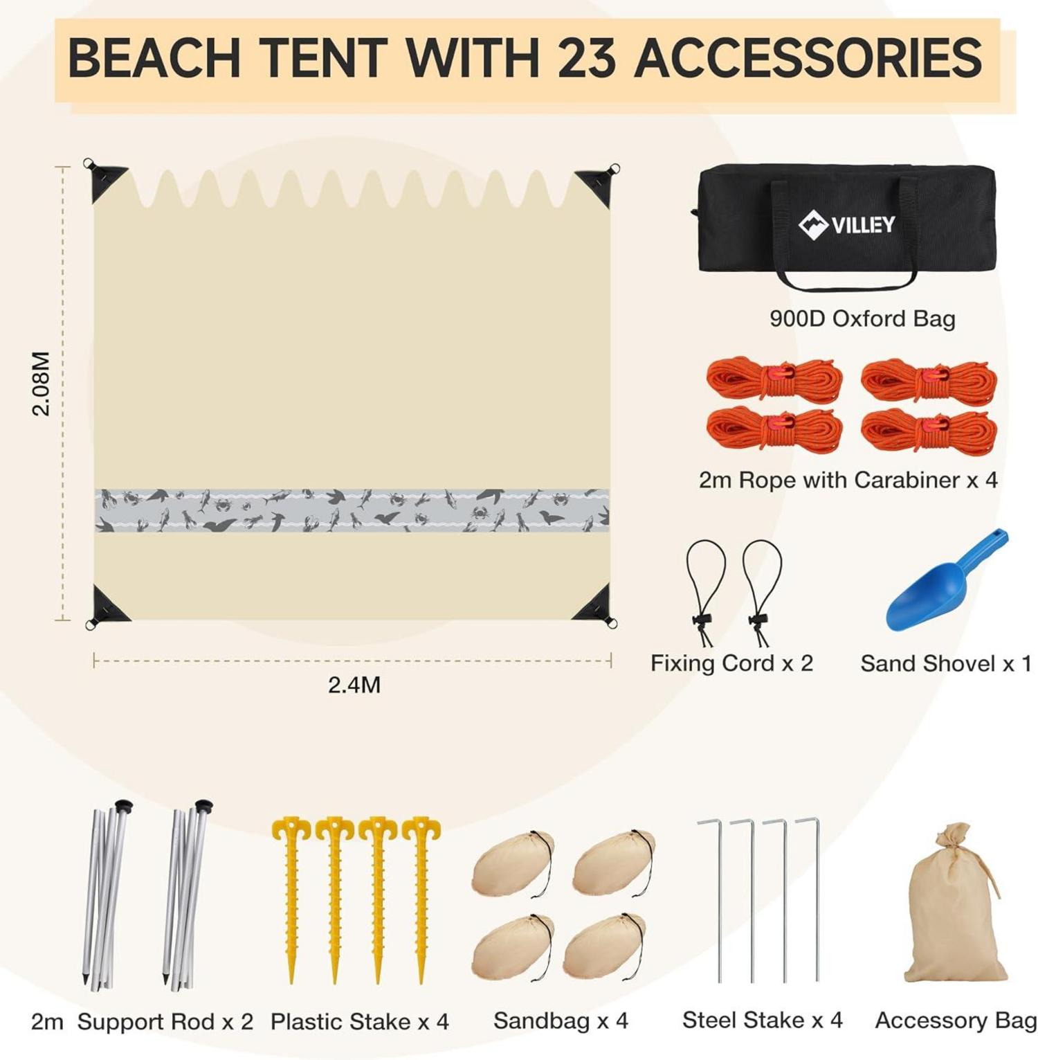 Strand Sonnenzelt UPF50+ UV Schutz Lycra 2,4m x 2m, 3 Personen