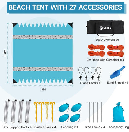 Strandzelt Sonnenschutz UPF50+ UV Schutz 3m x 3,3m Blau 6 Personen